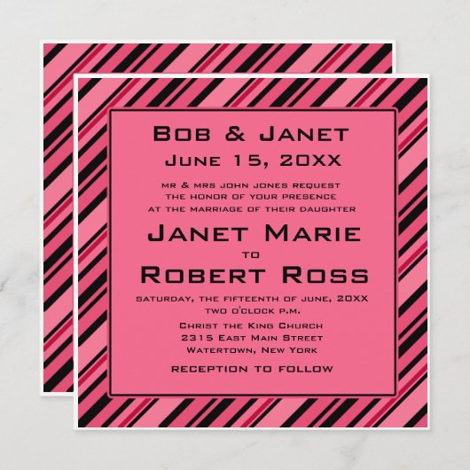 Bloed roze en zwarte striped uitnodigingen (Voorkant / Achterkant)