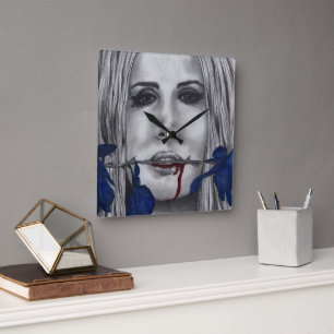Bloed Rozen Blauwe Vampier Vrouw Portret Goth Kuns Vierkante Klok