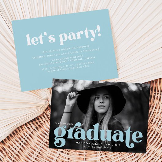 Bloed Typografie Sky Blue Photo Graduparty Kaart