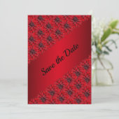 Bloeda rode dahlias in gotische stijl save the dat date (Staand voorkant)