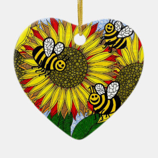 Bloedbijen en zonnebloemen keramisch ornament