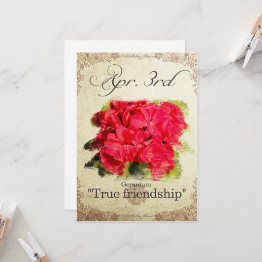 Bloeddagbloemen op 3 april "Geranium" Kaart (Voorkant / Achterkant in situ)