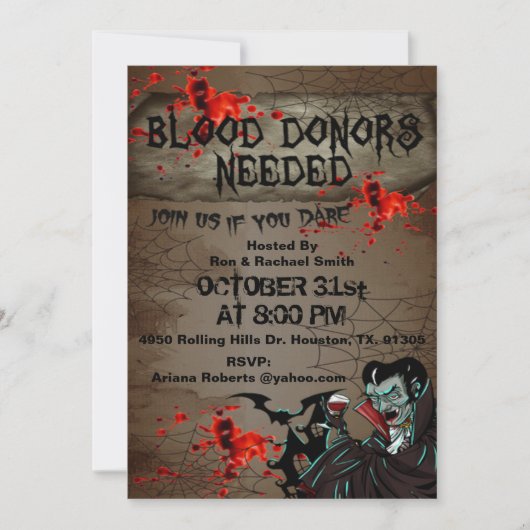 Bloeddonoren nodig Volwassen Halloween uitnodiging (Voorkant)