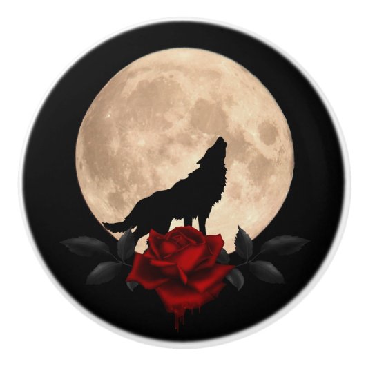Bloedende rode roos Fullmoon en Wolf Keramische Knop (Voorkant)