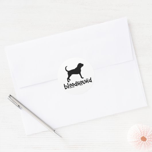 Bloedhond met woltekst ronde sticker (Envelop)