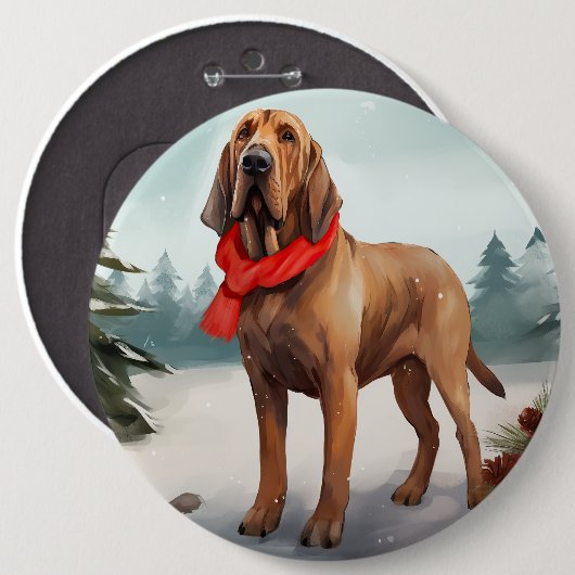 Bloedhondhond in Sneeuw Kerstmis Ronde Button 6,0 Cm (Voorkant /achterkant)