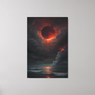 Bloedmaan boven de stormachtige zee canvas afdruk