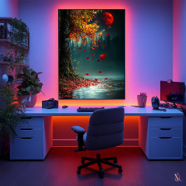 Bloedmaan boven het herfstmeer - Mystieke Herfst Poster