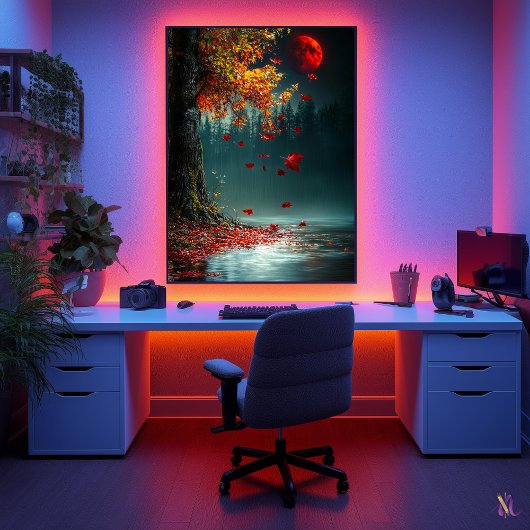 Bloedmaan boven het herfstmeer - Mystieke Herfst Poster