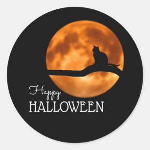 Bloedmaan en kat Silhouette, Happy Halloween Ronde Sticker