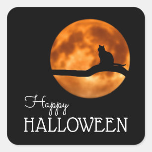 Bloedmaan en kat Silhouette, Happy Halloween Vierkante Sticker