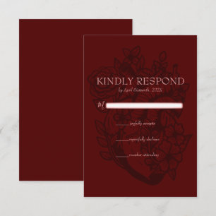 Bloedrood bloemen Hart Elegant Gothic Wedding RSVP Kaartje