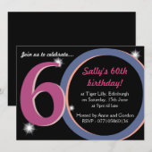 Bloedroze & blauwe zestigste verjaardag kaart (Voorkant / Achterkant)