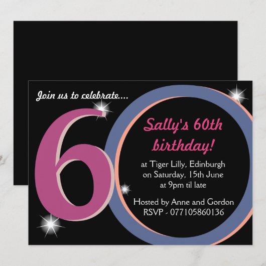 Bloedroze & blauwe zestigste verjaardag kaart (Voorkant / Achterkant)