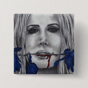 Bloedrozen Blauwe Vampier Vrouw Portret Goth Kunst Vierkante Button 5,1 Cm
