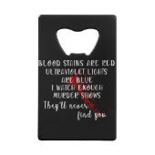 bloedvlekken rood, ultraviolet licht blauw creditkaart flessenopener (Voorkant)