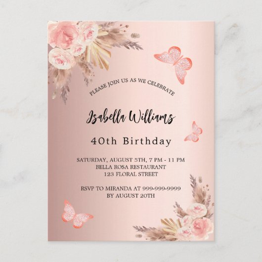 Bloedvlinder pampas roos goud uitnodiging briefkaart (Voorkant)