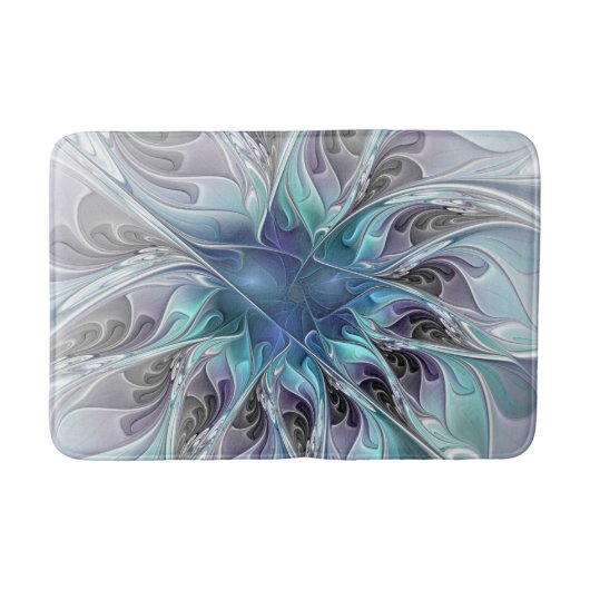 Bloei Abstracte Moderne Fractale Bloem Met Blauwe  Badmat (Voorkant)
