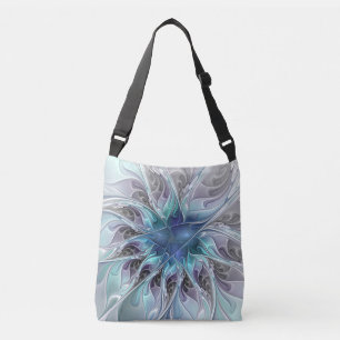 Bloei Abstracte Moderne Fractale Bloem Met Blauwe Crossbody Tas
