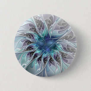 Bloei Abstracte Moderne Fractale Bloem Met Blauwe Ronde Button 5,7 Cm