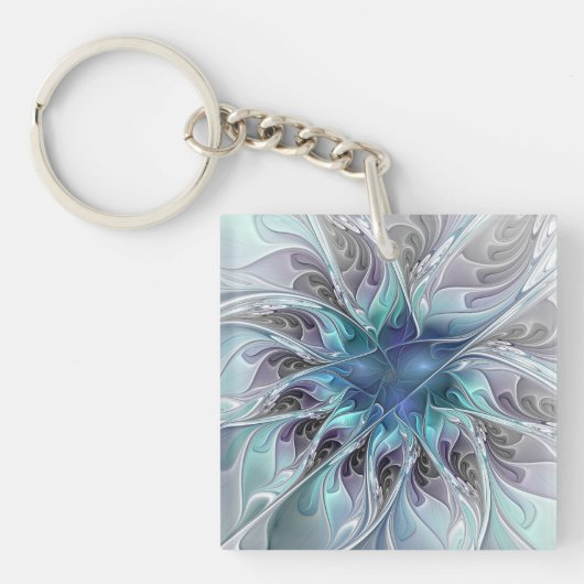 Bloei Abstracte Moderne Fractale Bloem Met Blauwe Sleutelhanger (Voorkant)
