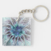 Bloei Abstracte Moderne Fractale Bloem Met Blauwe Sleutelhanger (Achterkant)