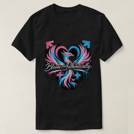 "Bloei Authentiek" Trans Proud Phoenix Hart T-shirt (Design voorkant)