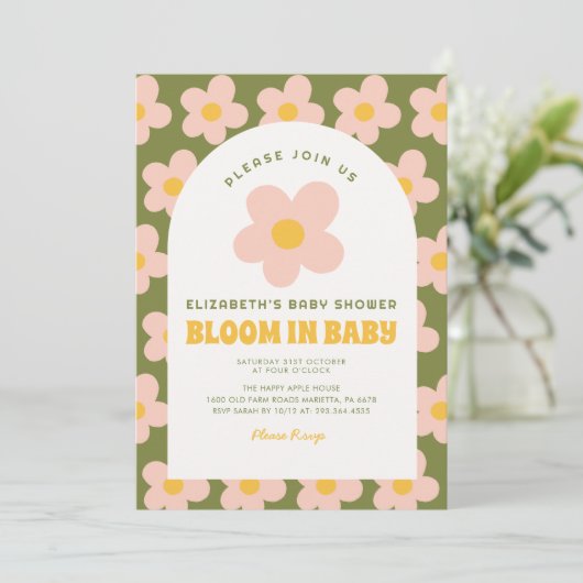 Bloei in baby Groen roze Groovy baby shower Kaart (Staand voorkant)