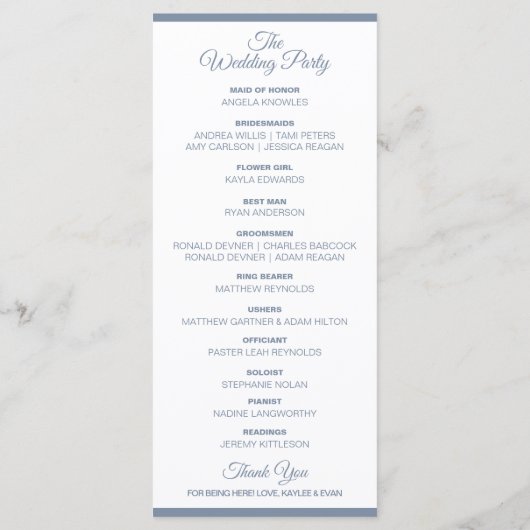 Bloei lang Elegant Bruiloft Programma | Dusty Blue Programmakaart (Achterkant)