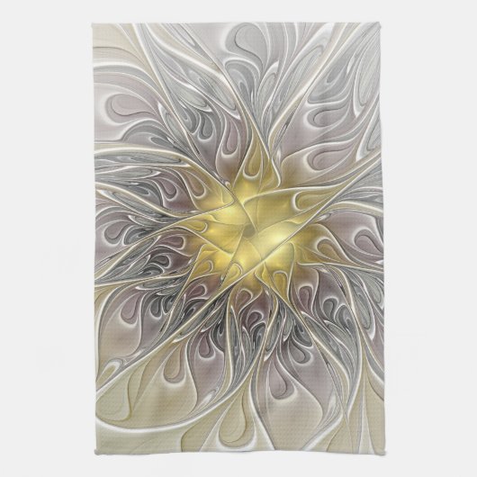 Bloei met gouden moderne abstracte fractalbloem theedoek (Verticaal)