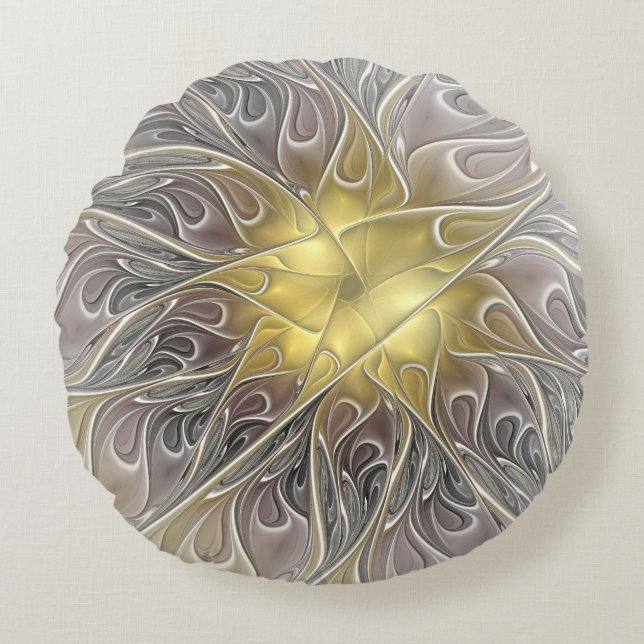 Bloei met gouden moderne abstracte fractale bloem rond kussen (Voorkant)