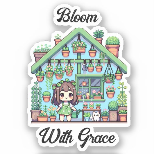 Bloei met Grace | Kawaii Meisje met Planten Sticker (Voorkant)