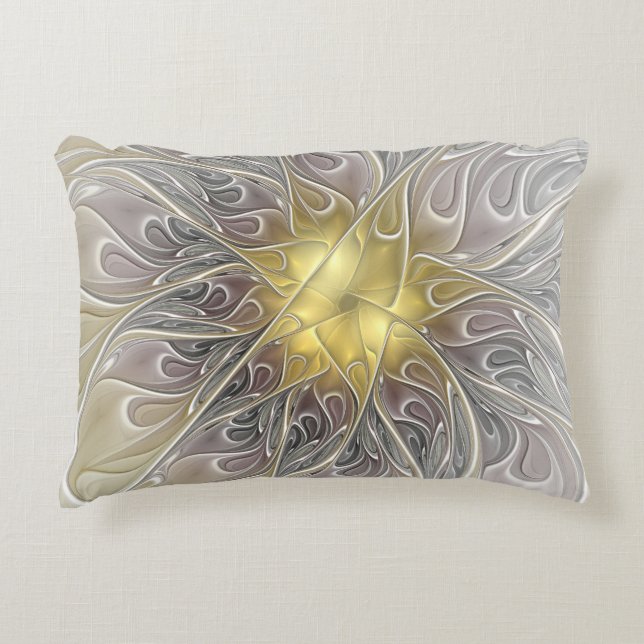 Bloei met moderne abstracte fractale bloem in goud accent kussen (Voorkant)