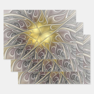 Bloei met moderne abstracte fractale bloem in goud inpakpapier vel