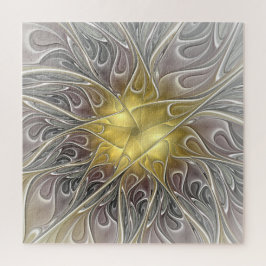 Bloei met moderne abstracte fractale bloem in goud legpuzzel