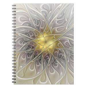 Bloei met moderne abstracte fractale bloem in goud notitieboek
