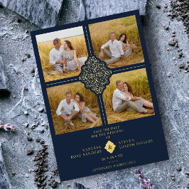 Bloei Navy Goud 4 Foto's Klassieke Filigraan Folie Uitnodiging