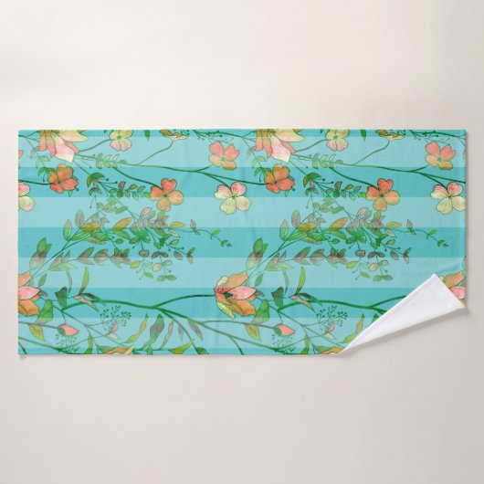 Bloei op Blauwe Gestreepte Achtergrond Aqua Badhanddoek (Badhanddoek)