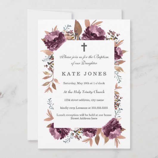 Bloei Paarse Waterverf Doopuitnodiging Kaart (Voorkant)