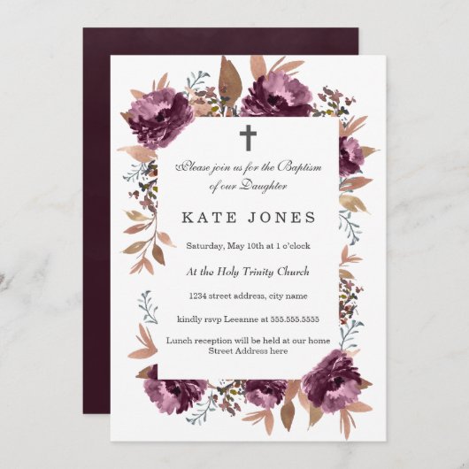 Bloei Paarse Waterverf Doopuitnodiging Kaart (Voorkant / Achterkant)