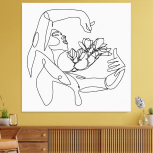 Bloei - Vrouwelijke lijnkunst met bloemen Canvas Afdruk