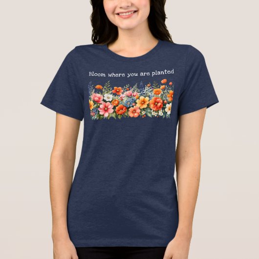 Bloei waar je geplant bloemig Inspirerend Tri-Blend Shirt (Voorkant)