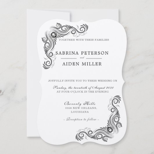  Bloei Zwart Monogram Foto Huwelijk Kaart (Voorkant)