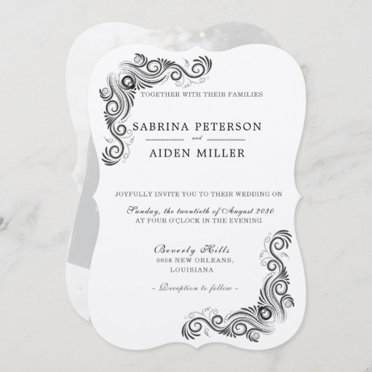  Bloei Zwart Monogram Foto Huwelijk Kaart (Voorkant / Achterkant)