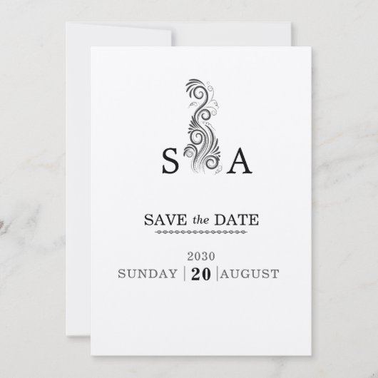  Bloei Zwart Monogram Huwelijk Save The Date (Voorkant)