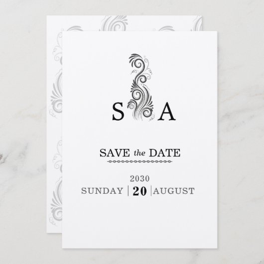  Bloei Zwart Monogram Huwelijk Save The Date (Voorkant / Achterkant)