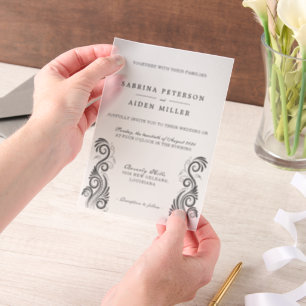  Bloei Zwart Monogram Huwelijk Vellum Uitnodigingen