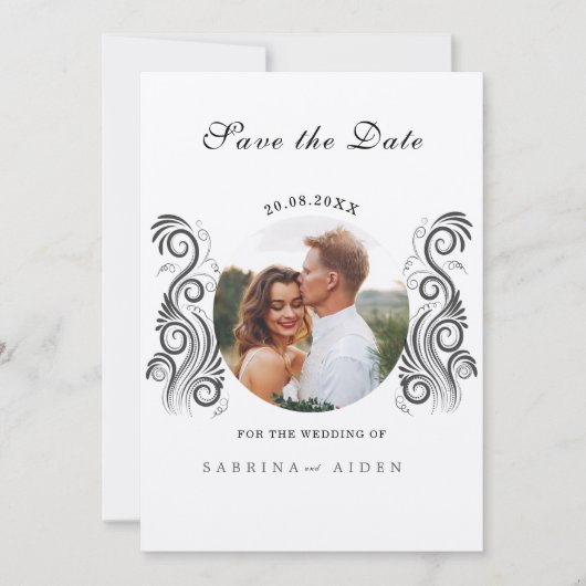  Bloei Zwart Monogram Trouwfoto Save The Date (Voorkant)