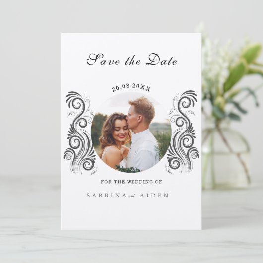  Bloei Zwart Monogram Trouwfoto Save The Date (Staand voorkant)