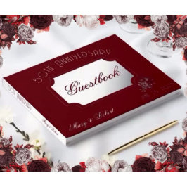 Bloeide 50-jarig jubileum in bordeauxrood en wit gastenboek